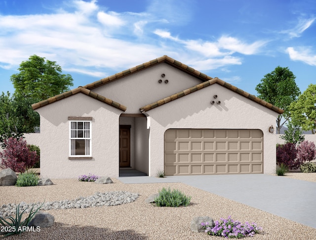 24233 W Hidalgo Ave, Buckeye, AZ 85326 - mediterranean / spanish home featuring an attached garage, driveway, and stucco siding