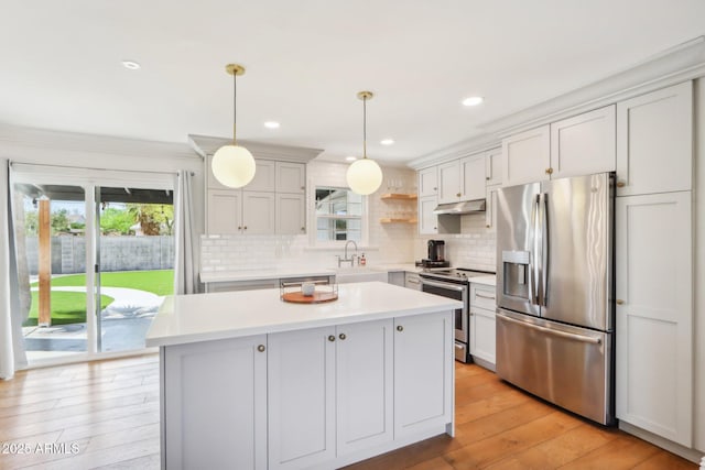 653 W Inglewood St, Mesa, AZ 85201 - kitchen with backsplash, appliances with stainless steel finishes, light wood-type flooring, light countertops, and under cabinet range hood
