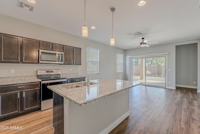 kitchen featuring stainless steel appliances, a kitchen island with sink, hanging light fixtures, dark brown cabinetry, and sink