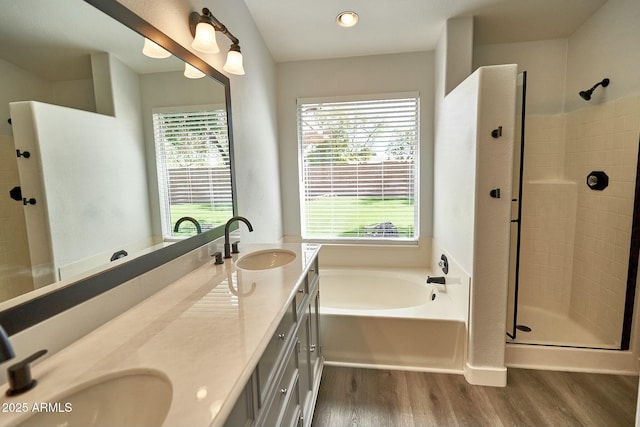 bathroom featuring a garden tub, plenty of natural light, a sink, and wood finished floors