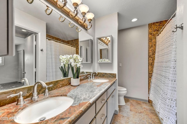 37801 N Cave Creek Rd Unit 13, Cave Creek, AZ 85331 - bathroom with double vanity, stone finish floors, and curtained shower
