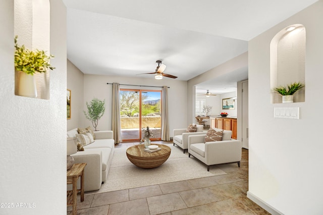 37801 N Cave Creek Rd Unit 13, Cave Creek, AZ 85331 - living room with a ceiling fan and light tile patterned floors