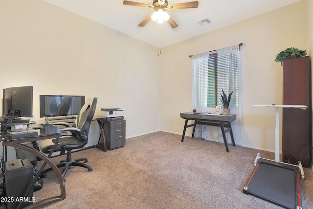 office space with carpet floors and ceiling fan