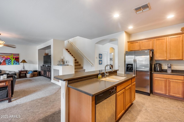 kitchen with ceiling fan, light tile patterned floors, sink, and appliances with stainless steel finishes