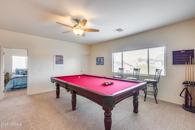 game room featuring ceiling fan, light colored carpet, and pool table