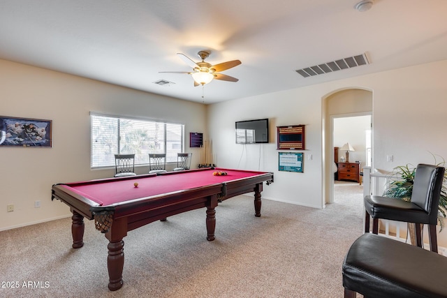 game room with light colored carpet, ceiling fan, and billiards