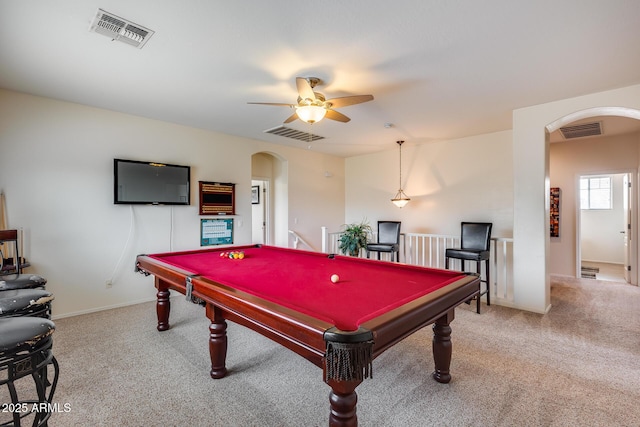 recreation room featuring light colored carpet, ceiling fan, and pool table