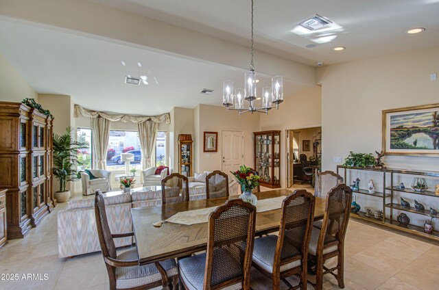 dining room featuring visible vents, a notable chandelier, recessed lighting, and light tile patterned floors