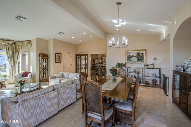 dining space featuring lofted ceiling with beams, visible vents, arched walkways, recessed lighting, and an inviting chandelier