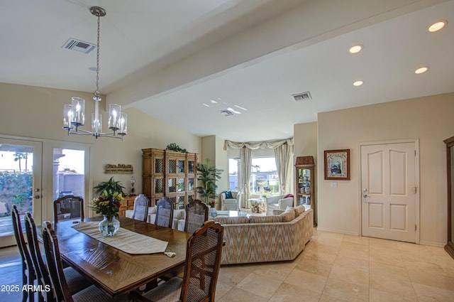 dining area featuring lofted ceiling with beams, visible vents, a chandelier, and recessed lighting