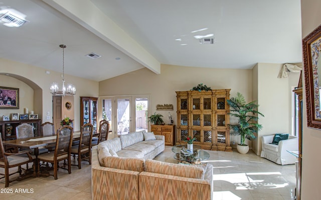 living room featuring arched walkways, visible vents, a chandelier, and lofted ceiling with beams