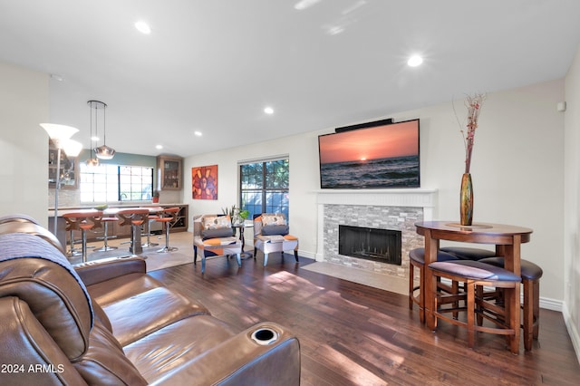 living room featuring a fireplace and wood-type flooring