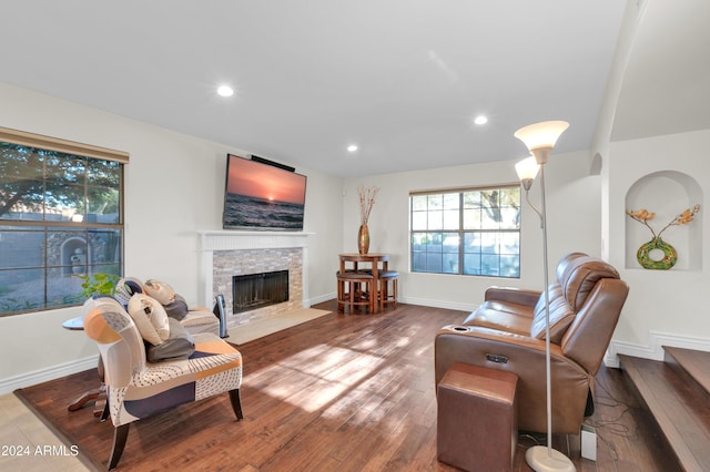 living room with a fireplace and hardwood / wood-style floors