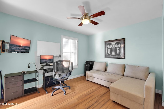 office featuring ceiling fan and light wood-type flooring