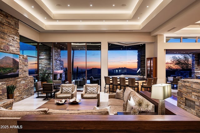 living room featuring a raised ceiling