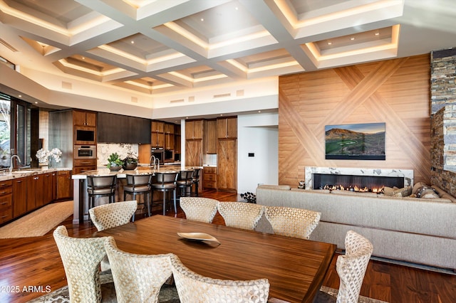 dining space featuring dark hardwood / wood-style flooring, a premium fireplace, sink, and a towering ceiling