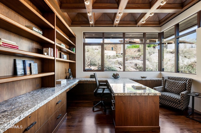 home office with dark wood-type flooring, coffered ceiling, built in desk, built in features, and beam ceiling