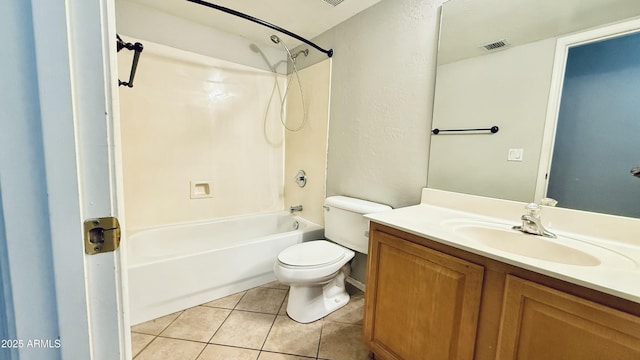 bathroom with tile patterned flooring, visible vents, tub / shower combination, toilet, and vanity