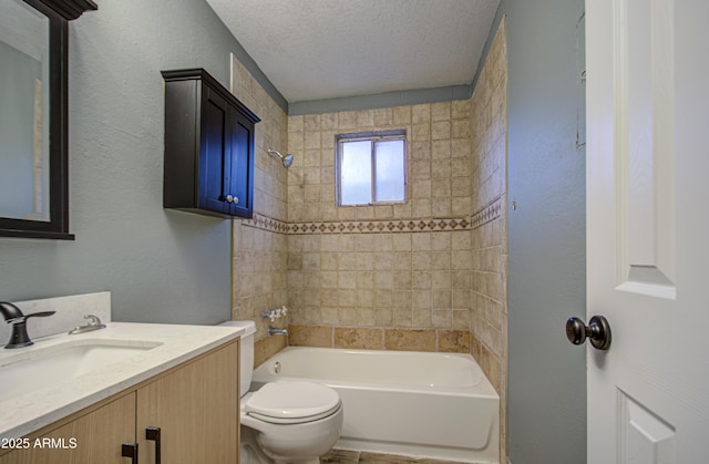 full bath with toilet, a textured ceiling, washtub / shower combination, vanity, and a textured wall