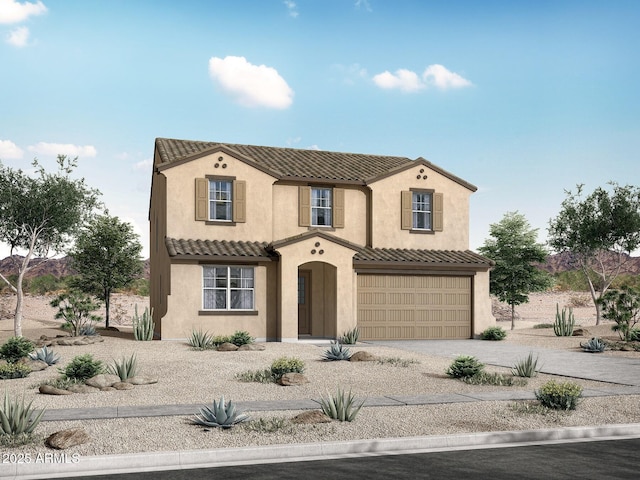 mediterranean / spanish-style house featuring driveway, a tiled roof, an attached garage, and stucco siding