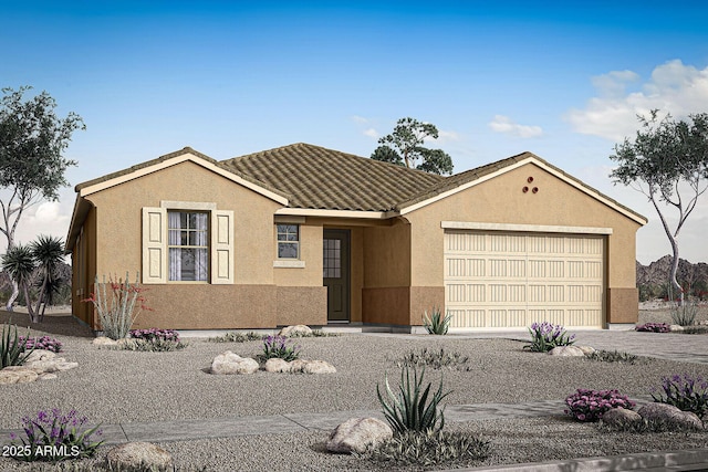 single story home featuring stucco siding, an attached garage, a tile roof, and driveway