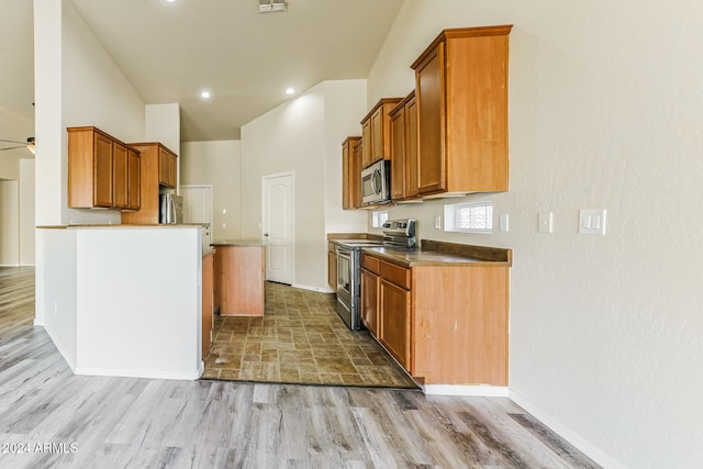 kitchen featuring appliances with stainless steel finishes, light hardwood / wood-style flooring, and ceiling fan