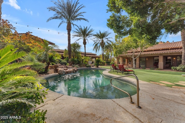 view of pool featuring a lawn and a patio