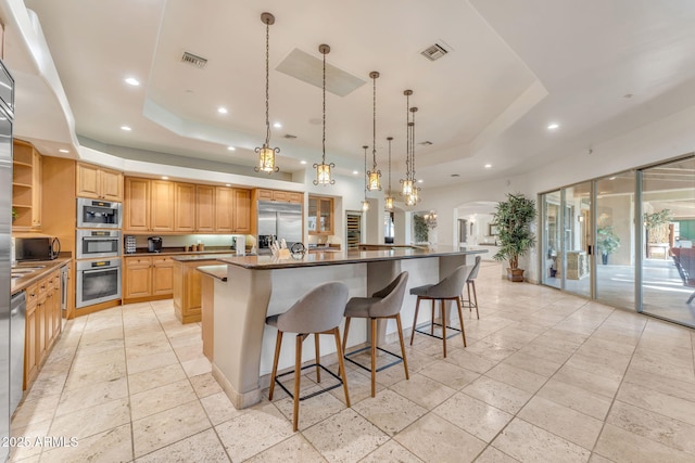 kitchen with a spacious island, stainless steel appliances, a raised ceiling, and pendant lighting