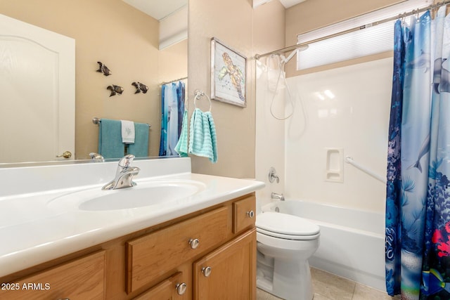 bathroom featuring shower / tub combo, vanity, toilet, and tile patterned floors