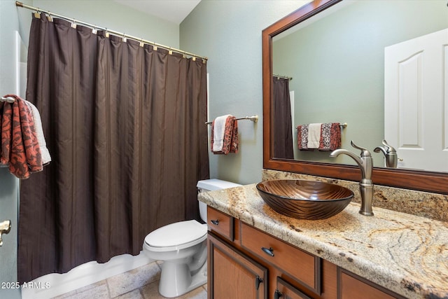 full bathroom with toilet, vanity, and a shower with shower curtain