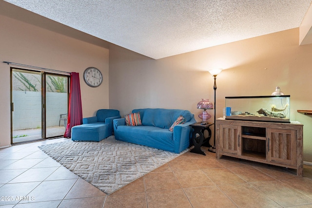 tiled living room with lofted ceiling and a textured ceiling