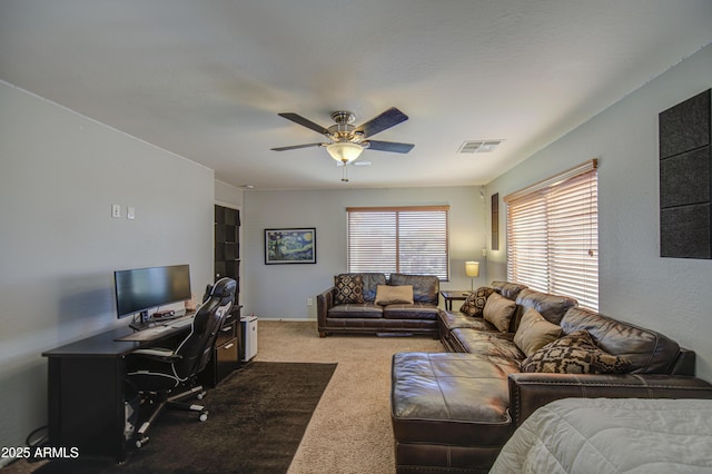1786 S Seton Ave, Gilbert, AZ 85295 - carpeted living room with ceiling fan and an office area