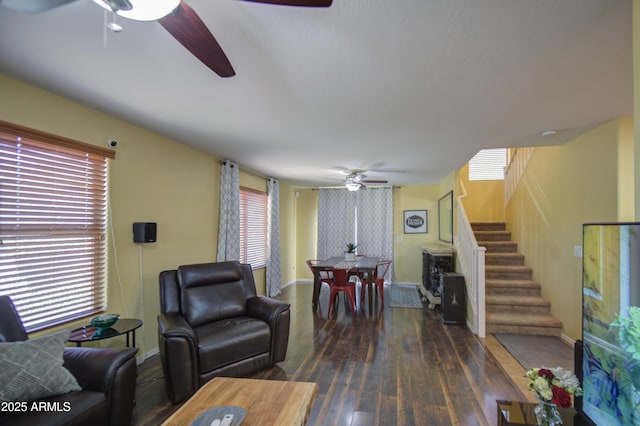1786 S Seton Ave, Gilbert, AZ 85295 - living area featuring a ceiling fan, stairway, plenty of natural light, and hardwood / wood-style flooring
