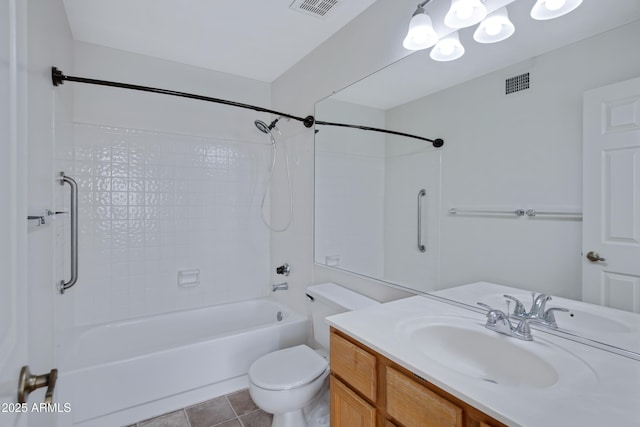 bathroom with vanity, washtub / shower combination, visible vents, tile patterned flooring, and toilet