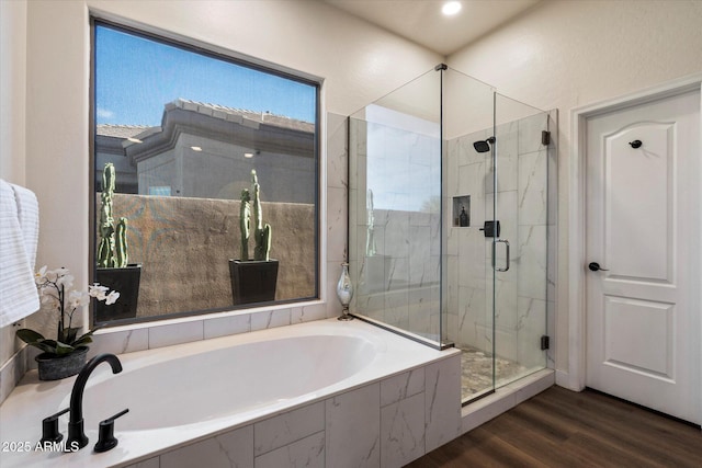 33667 N 71st Way, Scottsdale, AZ 85266 - full bath with a bath, a marble finish shower, and wood finished floors