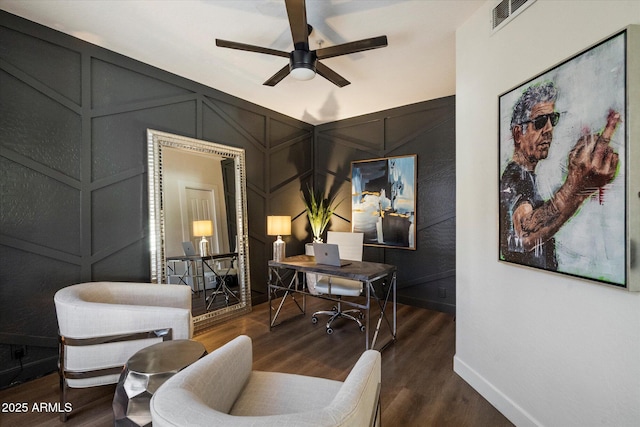 33667 N 71st Way, Scottsdale, AZ 85266 - office space featuring a decorative wall, ceiling fan, baseboards, and dark wood-style flooring