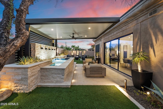 33667 N 71st Way, Scottsdale, AZ 85266 - view of patio / terrace featuring a ceiling fan, an outdoor hot tub, and an outdoor living space