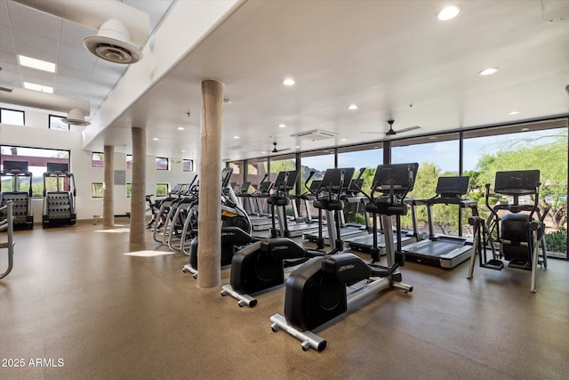 33667 N 71st Way, Scottsdale, AZ 85266 - workout area with ceiling fan, expansive windows, and recessed lighting