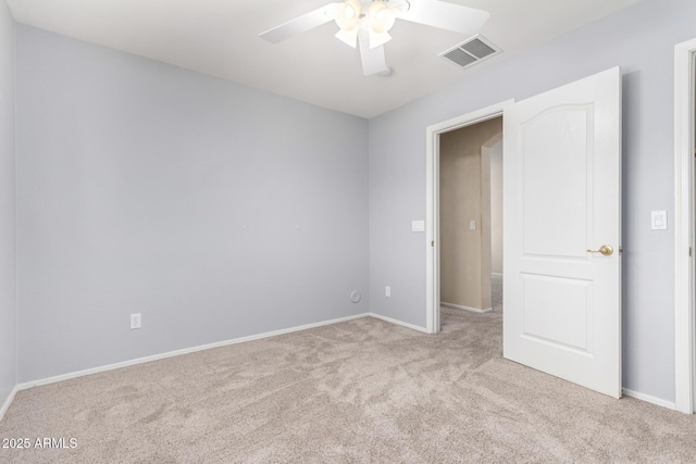 unfurnished bedroom with light carpet and ceiling fan