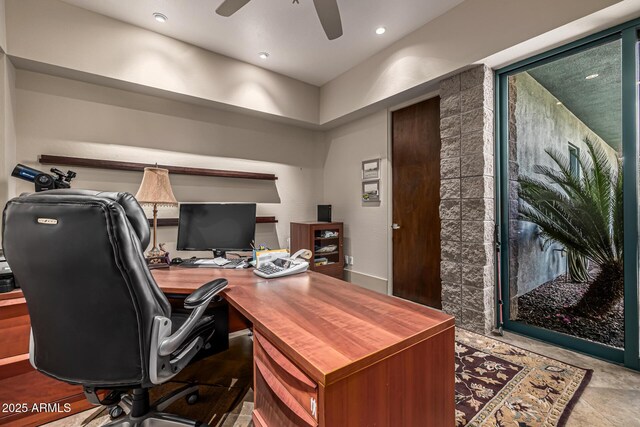 office with recessed lighting and a ceiling fan