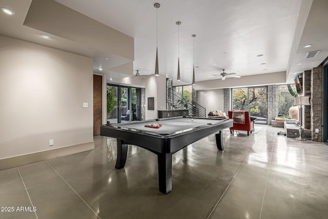 playroom featuring visible vents, recessed lighting, pool table, and a healthy amount of sunlight