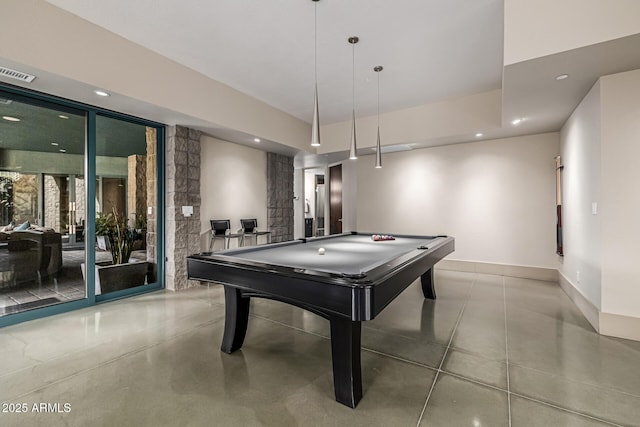 rec room with baseboards, billiards, visible vents, and recessed lighting