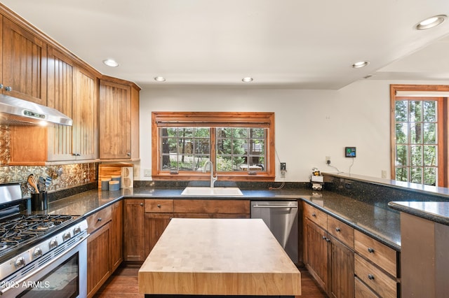1697 E Solitude Ct Unit 22, Flagstaff, AZ 86005 - kitchen with stainless steel appliances, plenty of natural light, recessed lighting, under cabinet range hood, and dark stone counters