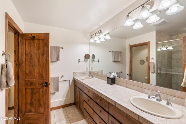 1697 E Solitude Ct Unit 22, Flagstaff, AZ 86005 - bathroom featuring double vanity, tile patterned floors, and a stall shower