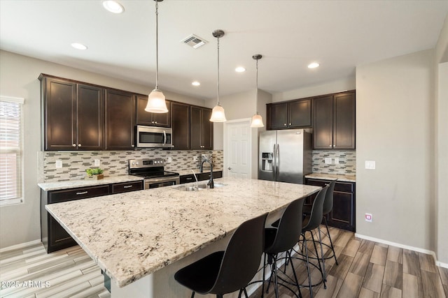 kitchen with visible vents, a kitchen breakfast bar, stainless steel appliances, dark brown cabinets, and a sink