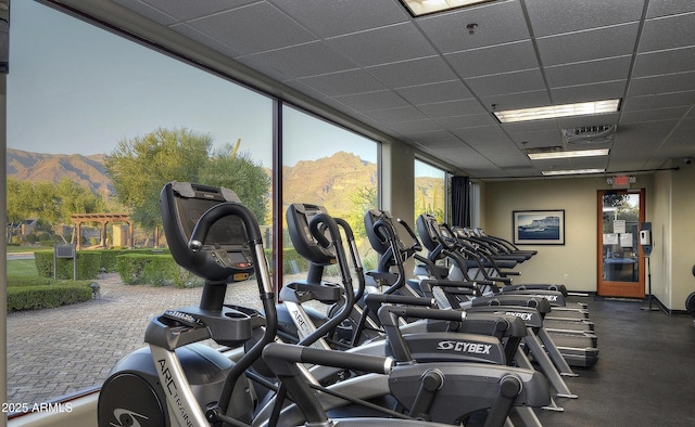 workout area with a mountain view, a paneled ceiling, plenty of natural light, and floor to ceiling windows
