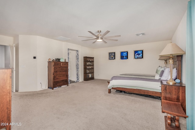 carpeted bedroom featuring ceiling fan