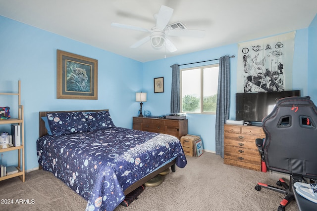 carpeted bedroom featuring ceiling fan