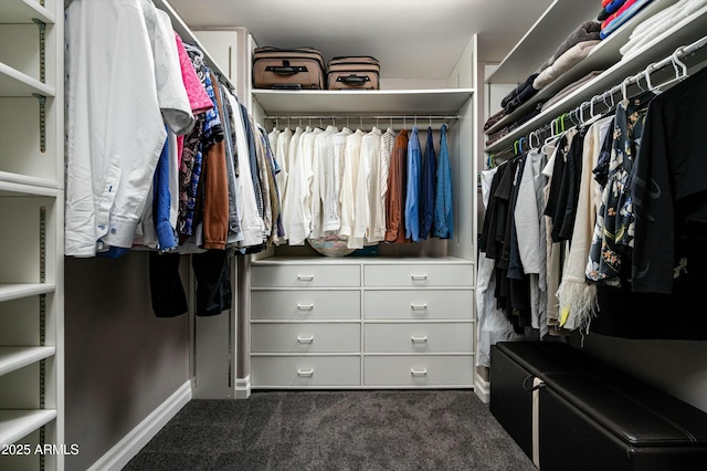 walk in closet featuring dark colored carpet