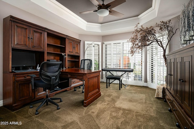 office featuring carpet flooring, ceiling fan, a tray ceiling, and ornamental molding